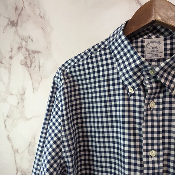 Brooks Brothers Shirt Men Large Blue 1818 Regent Non Iron Original Polo Gingham - Picture 2 of 8